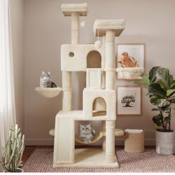 65in Larger Cat Tree Tower Condo for Indoor Cats, Multi-Level Furniture Activity Center with Wide Base/Cozy Plush Cat Perches/Baskets/Sisal 
