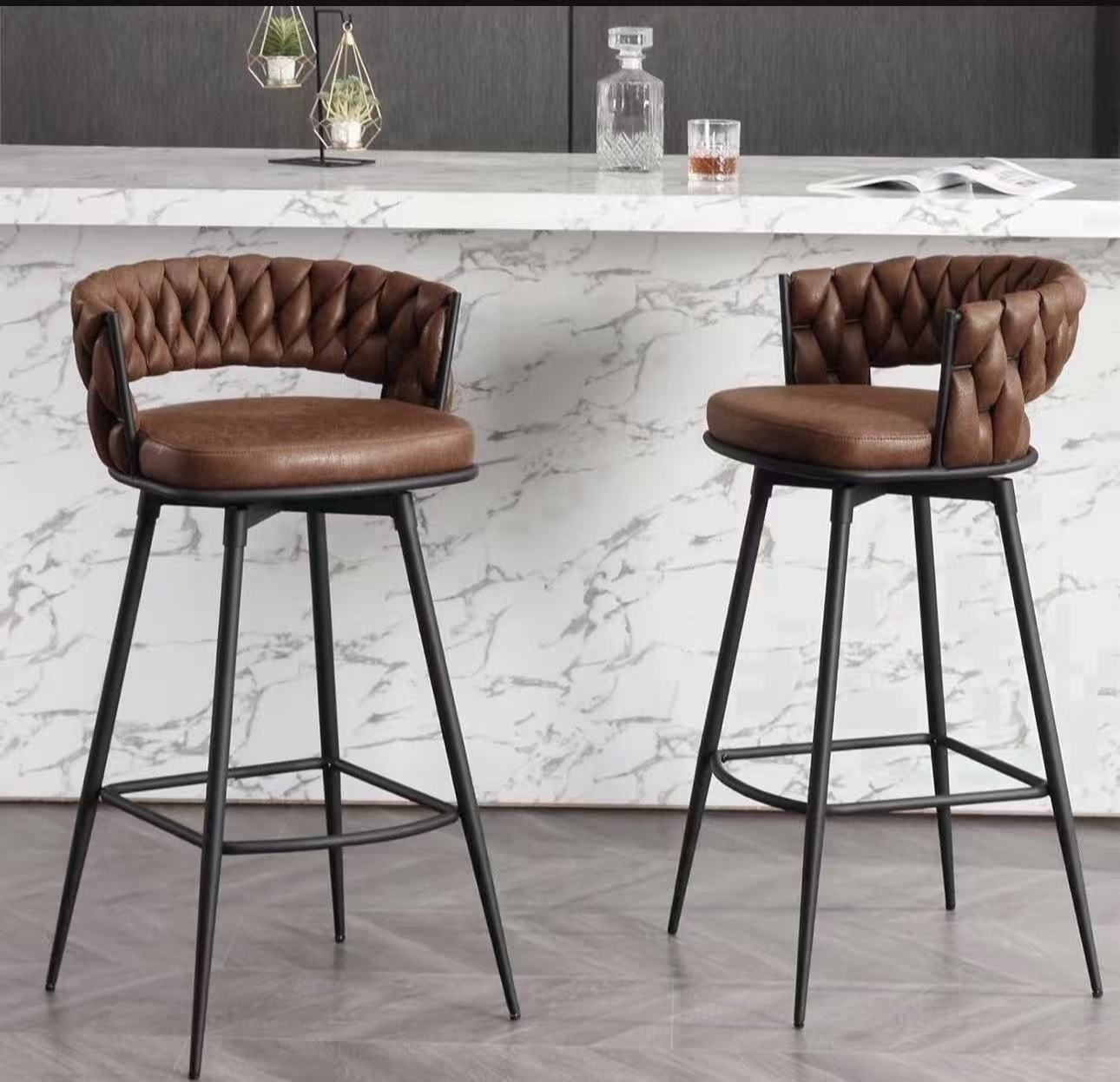 Modern Bar Stools Set of 2, 30" Bar Height Barstools, 180° Swivel Suede Fabric Stool Chairs with Woven Back and Footrest for Kitchen Island, Cafe, Pub