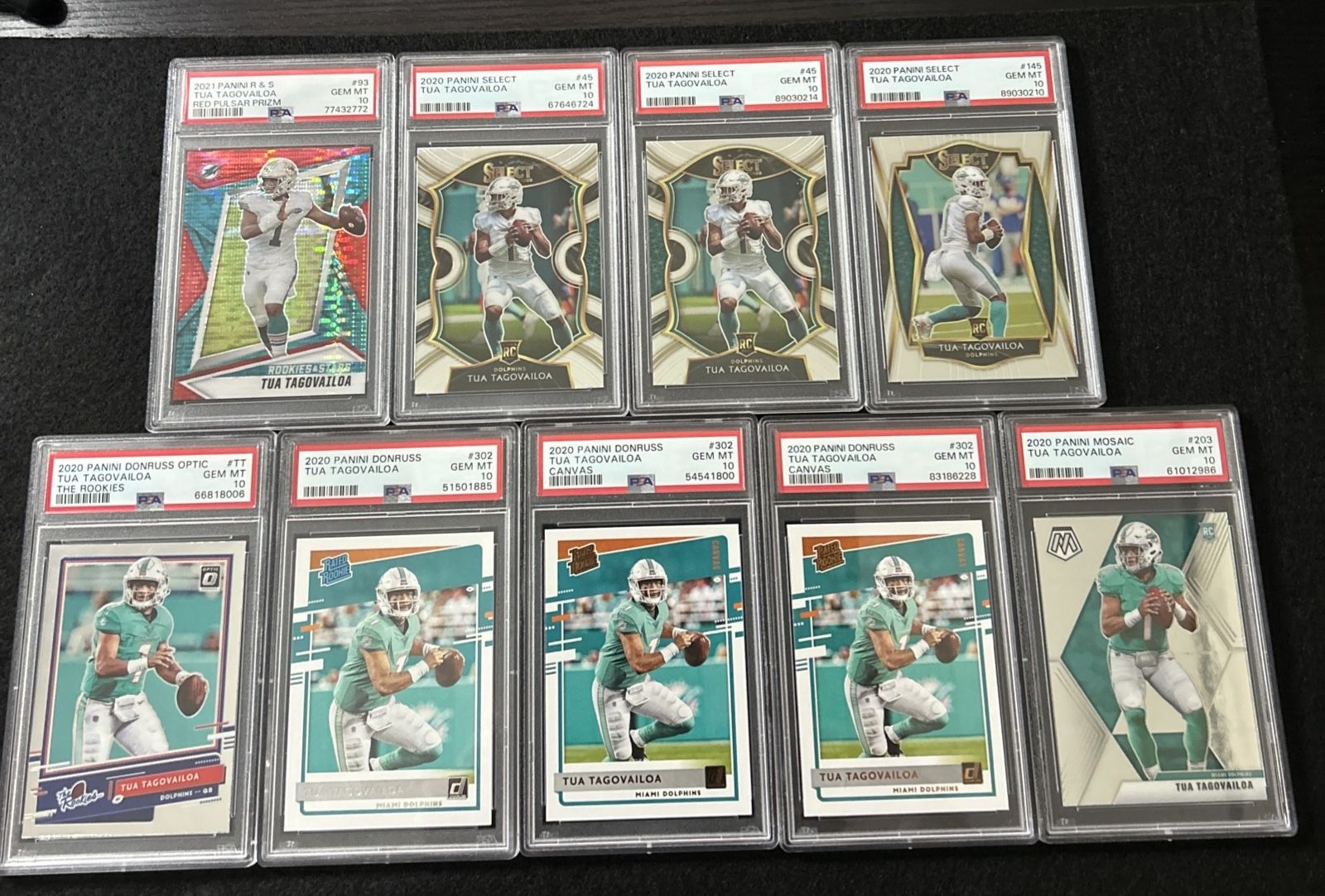 Tua Tagovailoa PSA 10 Rookie Lot (9) Panini Select Red Pulsar Donruss Optic RC