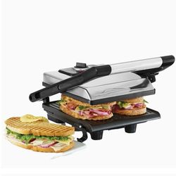 Electric Panini Press & Sandwich Grill, Polished Stainless Steel, Multifunction Space-Saving Panini Press & Contact Grill with Non-Stick Plates