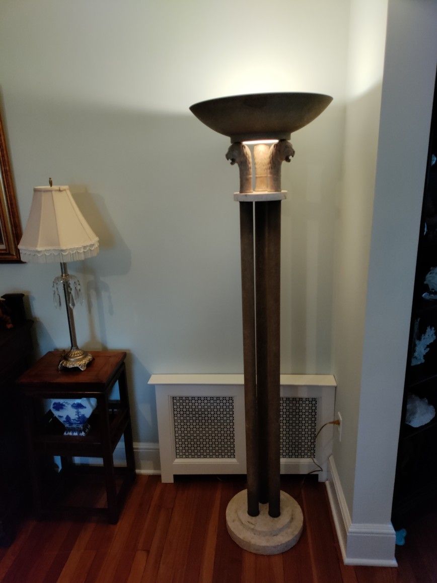 Vintage Floor Lamp Triple Column Base Lion's Heads Support Globe