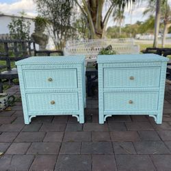 1960s Pair a Nightstands Wicker by Henry Link With Glass in Top