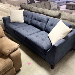Fabric Dark Navy Blue Sofa With Back Cushions 