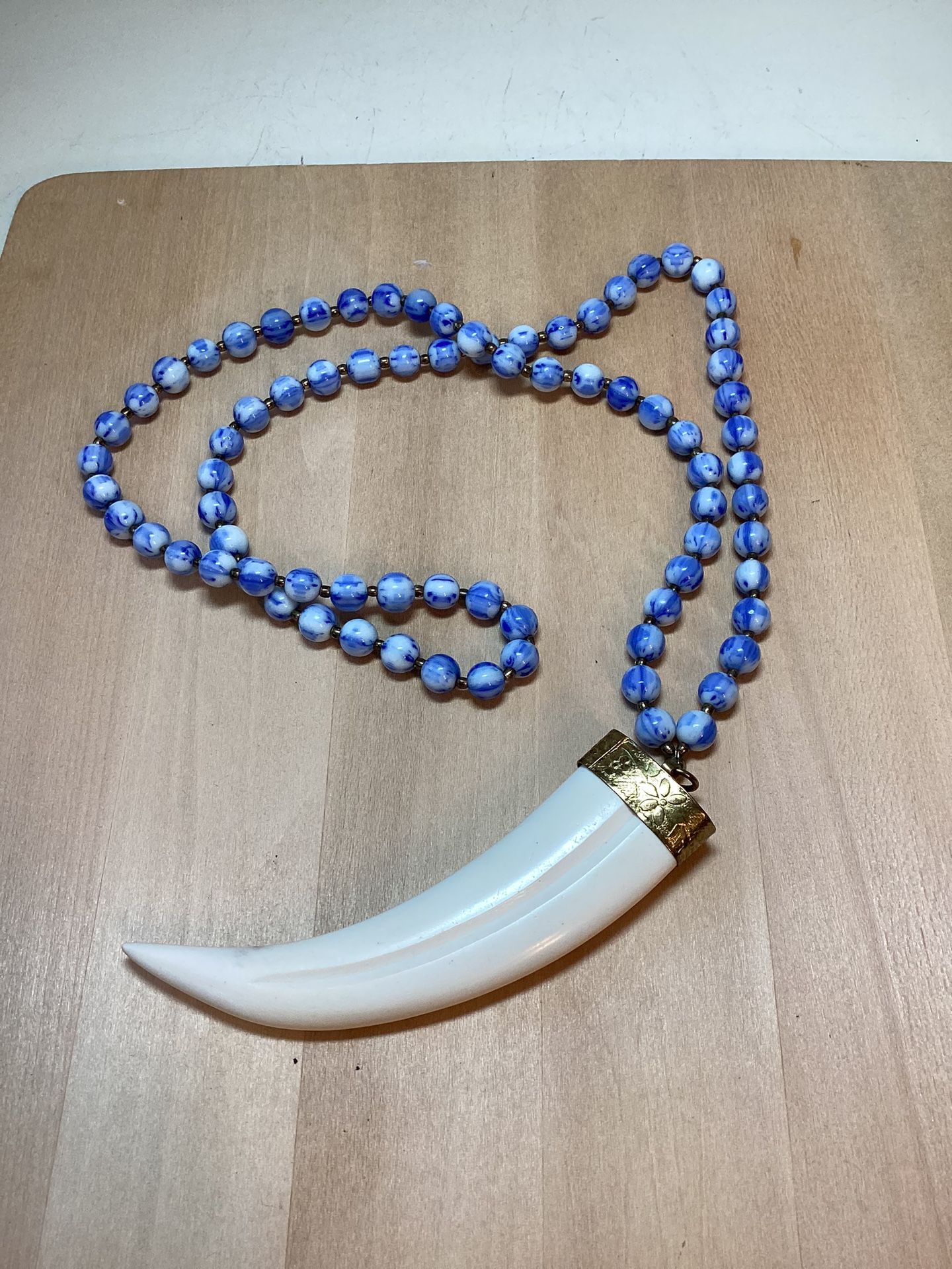 Boho Glass/Porcelain Beads Faux Horn Necklace 