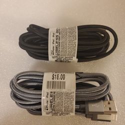 Lot Of 2 -10 Ft Wireless Gear Fabric Micro USB Cable, Silver, Black Brand New 