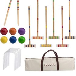 ropoda Six-Player Croquet Set with Wooden Mallets, Colored Balls, Sturdy Carrying Bag