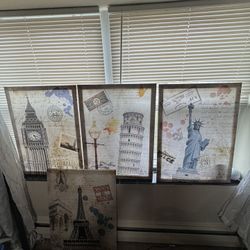 Set Of 4 Wall Art Canvas - Paris, London, Pisa, New York. Vintage Travel Decor 