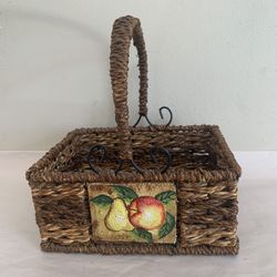 Vintage Rustic Wicker Basket Handle Metal Painted Tile Fruit Kitchen Decor 9”