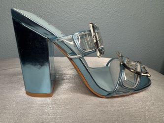 Metallic Blue Block Heel Mule Sandals