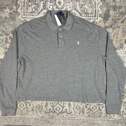 Polo Ralph Lauren Mesh Long Sleeve Cropped Top Shirt Women Size M Gray 