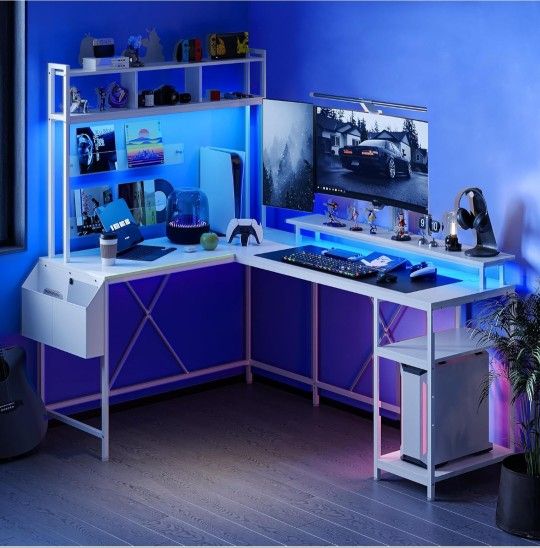 White Adjustable Corner Desk W/ Charging Ports And LED Lights