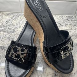 NWOT Coach Slip On  Black Patent Leather Cork Wedge Sandals Size 8.5