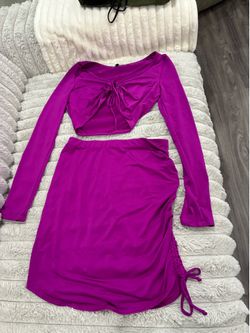 Magenta Long-Sleeve Crop Top & Ruched Skirt Set – Size LARGE