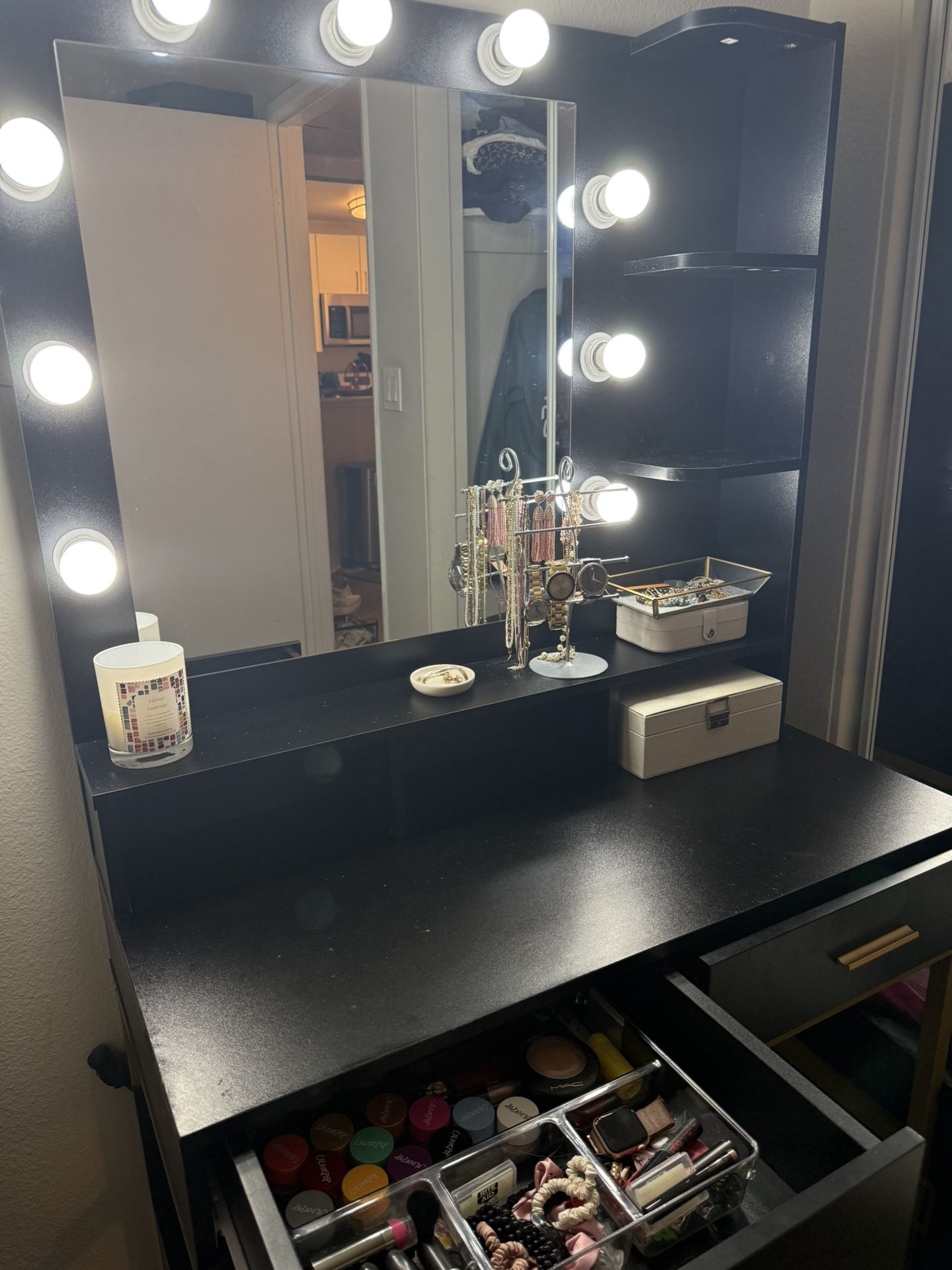 Tribesigns Vanity Table Set with Lighted Mirror & Stool, Makeup Vanity Dressing Table with 9 Lights, 2 Drawers and Storage Shelves for Bedroom, Gold V
