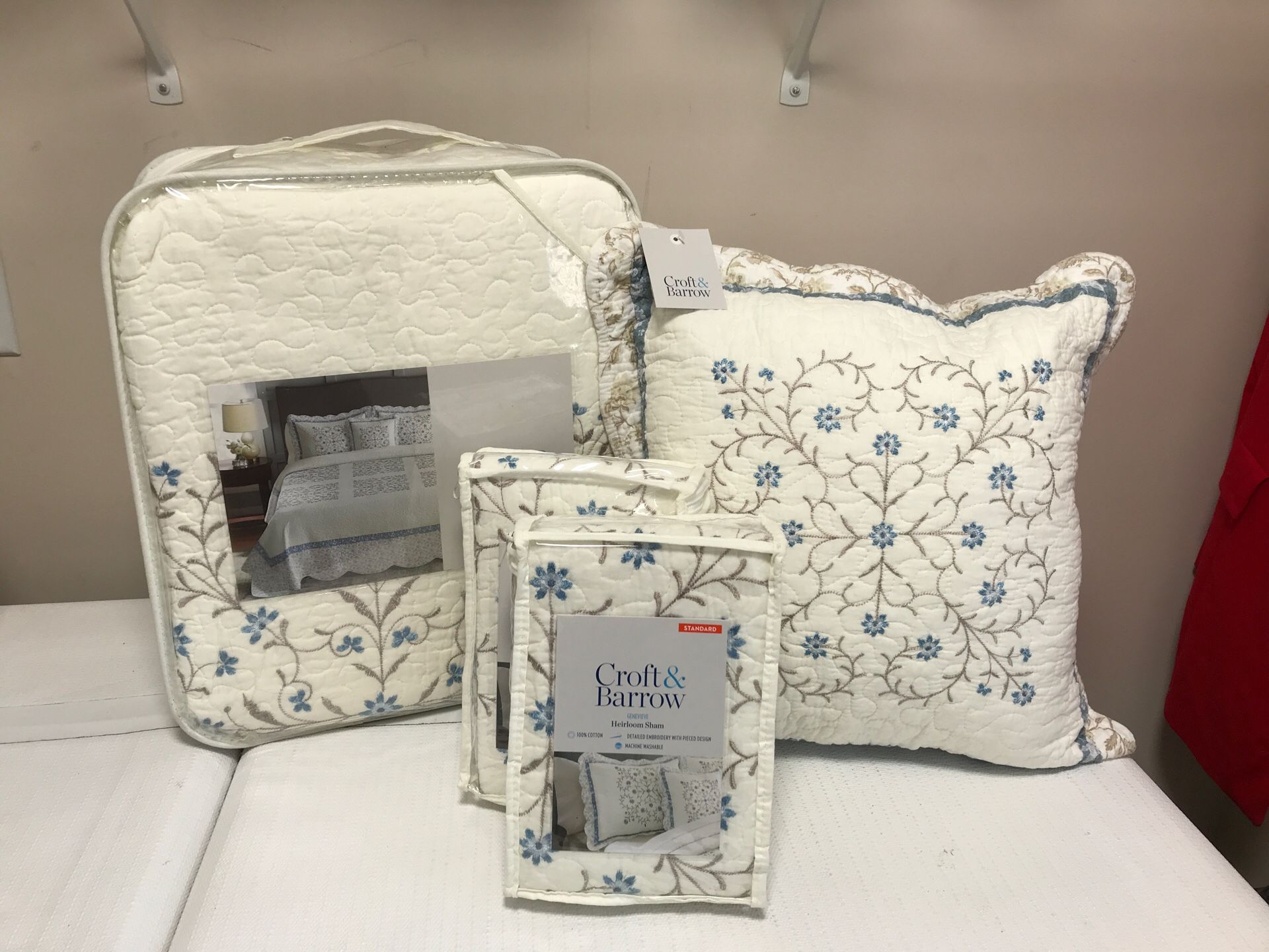 New 4-Piece Queen Size Quilt-Pillow Sham-Decorative Pillow Set Croft & Barrow “Genevieve” Blue-Beige-Ivory