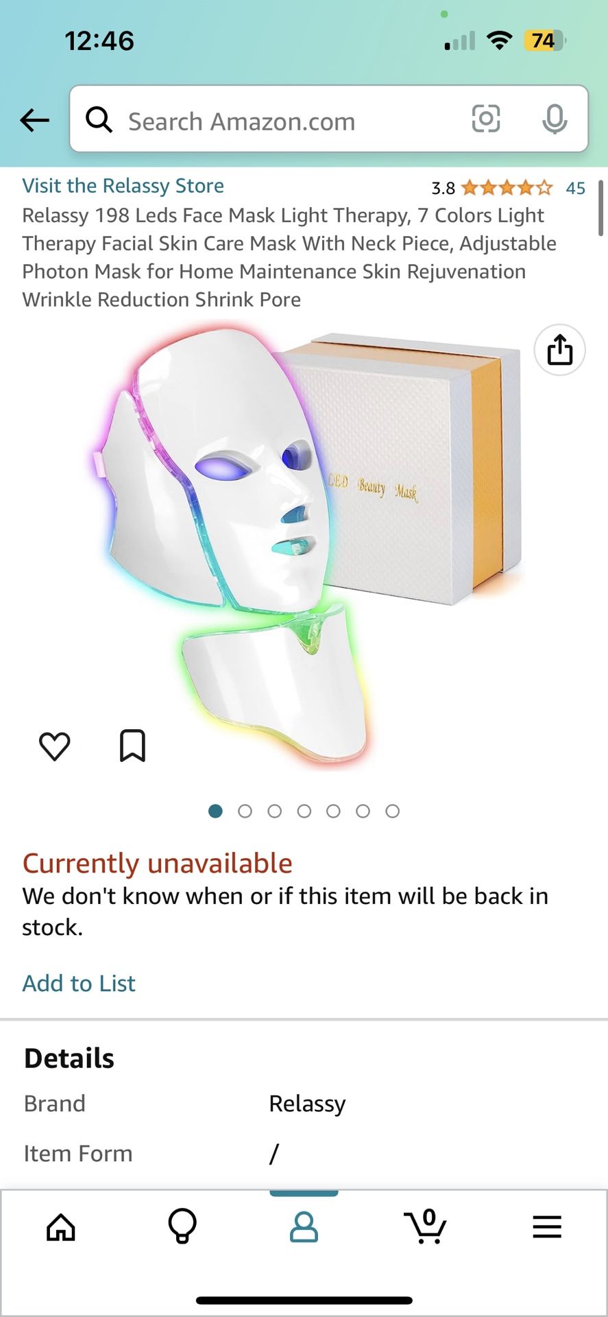 Relassy 198 Leds Face Mask Light Therapy, 7 Colors Light Therapy Facial Skin Care Mask With Neck Piece, Adjustable Photon Mask for Home Maintenance Sk