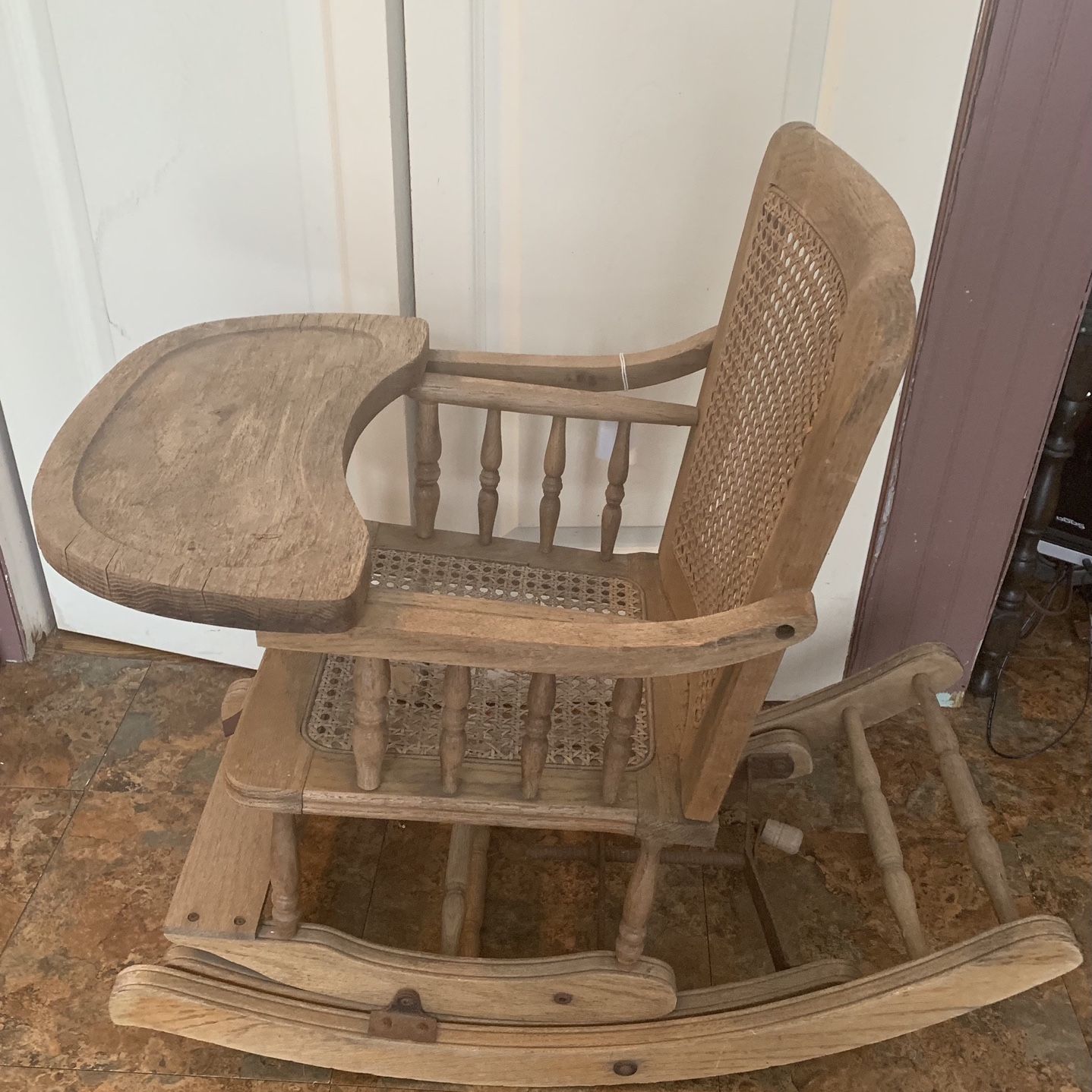 Vintage adjustable Wooden Wood Children's baby toddler high chair Rocking Chair