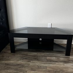 Wood TV Stand For 55” TV With Glass Shelves