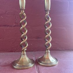 Pair of late Victorian English 12" Solid Brass Open Barley Twist Candlesticks