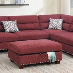 Brand New Red Velvet Sectional Sofa w Storage Ottoman 