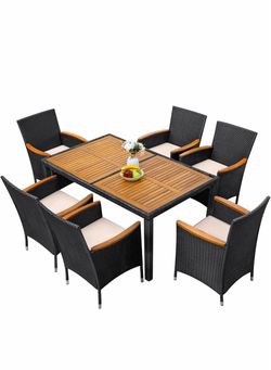 7 PCS Acacia Wood Patio Dining Set, Black Rattan Outdoor Patio Furniture Set, Patio Dining Table Set for 6, Patio Table and Chairs Set For Garden Back