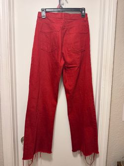 Red Denim Jeans with Raw Hem