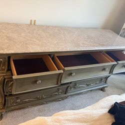 Complete 3-Piece Marble-Top Bedroom Set — Dresser + 2 Nightstands — French Rococo / Hollywood Glam