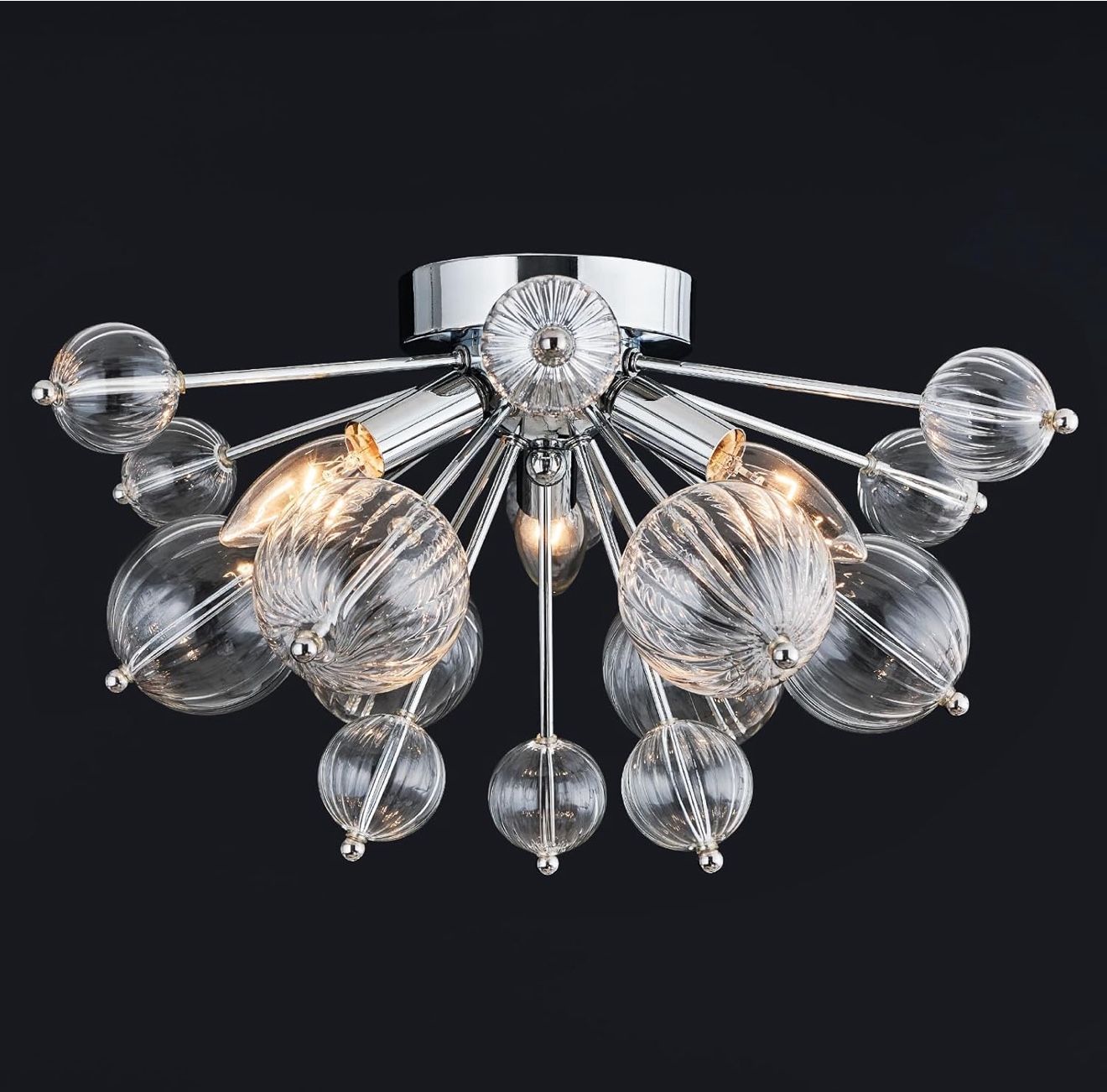 Brushed Gold ‼️ 3-light Gold Sputnik Bubble Chandelier Lighting Swirled Clear Ribbed Hand Blown Glass Ball