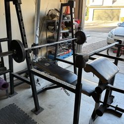 Home gym - Custom built Bench press / squat rack with weights and accessories.