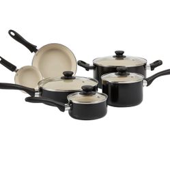 Amazon Basics 11-Piece Ceramic Non-Stick Pots and Pans Set, Dishwasher & Oven Safe, Non-Toxic, Easy Clean, Black/Cream