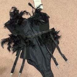 New large black feather mesh bodysuit garter goth gothic lingerie set mesh
