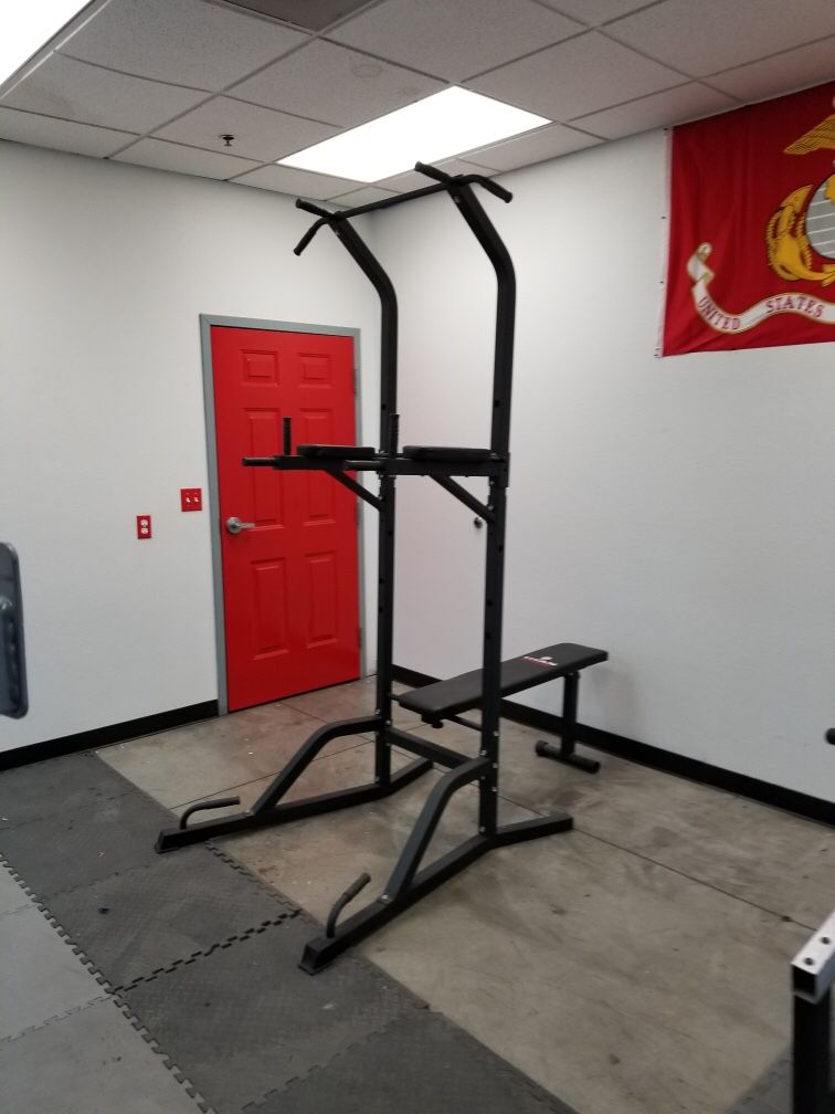 Power Tower Pull-Ups, Push-Ups, Dips, Bench, and Leg-lefts