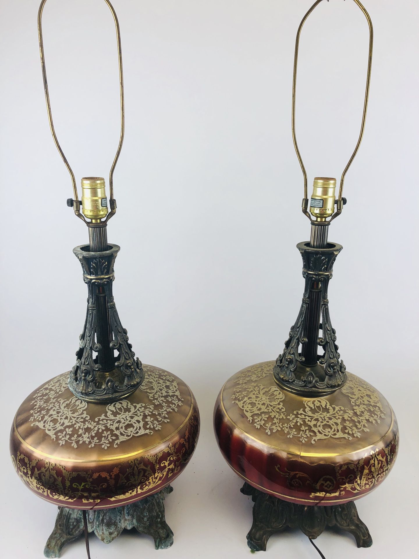 Pair Vintage glass red and gold lamps