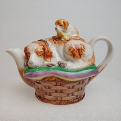 Noritake Miniature Porcelain Teapot Dog Puppy Napping On A Basket, Cute!