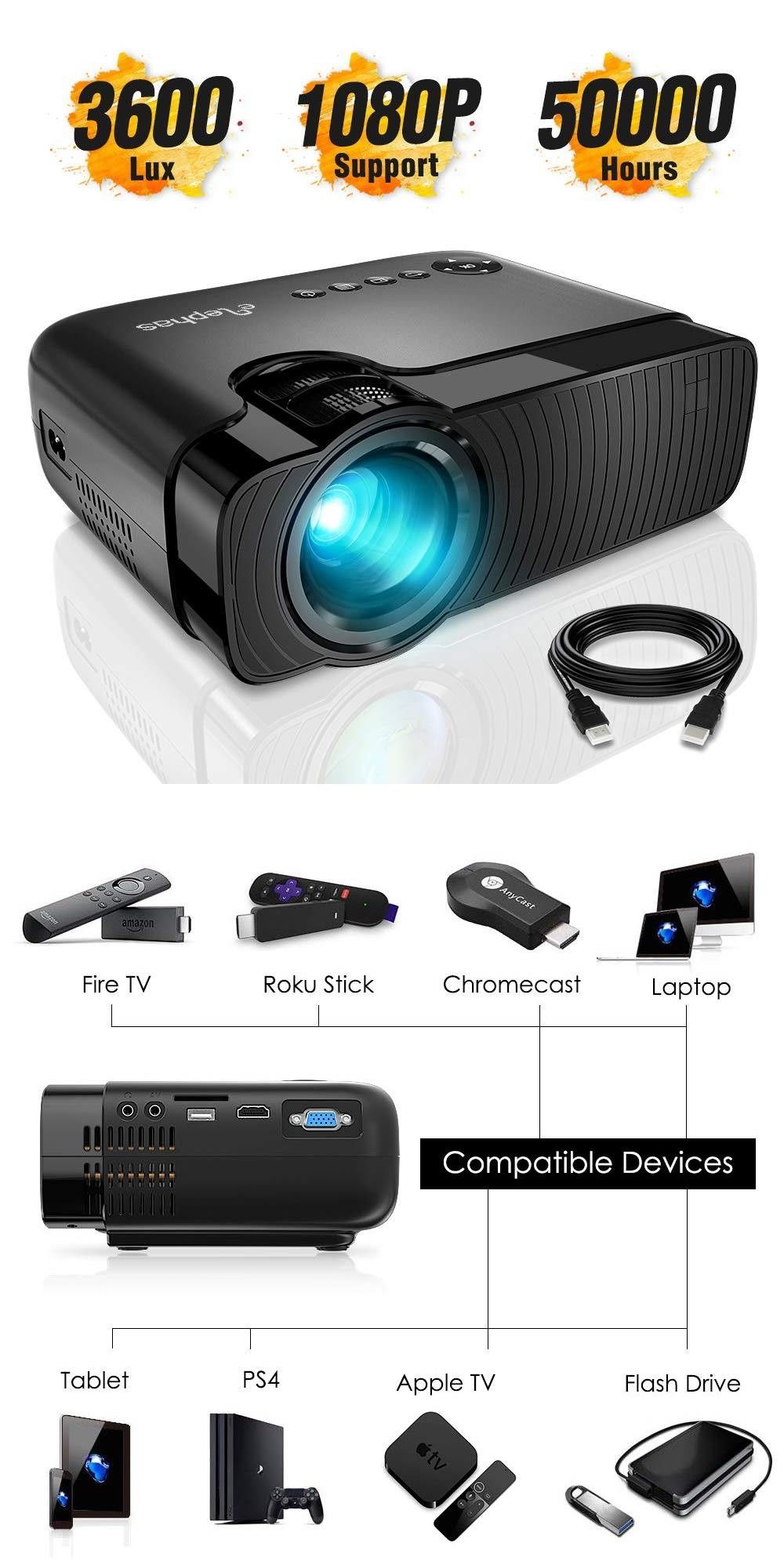 ELEPHAS Mini Projector, Full HD 1080P and 180" Display, 3600 Lux Portable Home Theater Projector with 50,000 Hours LED Lamp Life, USB/HD/SD/AV/VGA