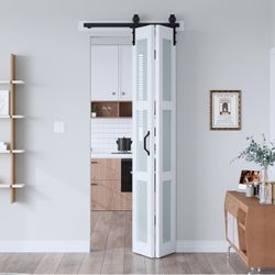 32"x 84" (Double 16" x 84") Bifold Barn Door, Bifold Sliding Barn Door with Hardware Kit, Solid MDF Wood Slab Covered with Water-Proof PVC Surface, Fr