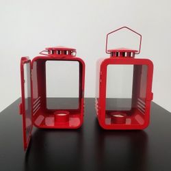 Set of Two Red IKEA Lanterns. Elegant Metal Lanterns With Hanger And Glass Door That Uses Magnet to Close / Miami 33182