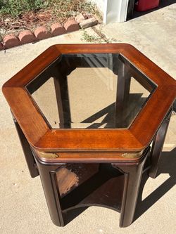 Hexagonal Wood and Glass Side Table