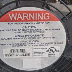 Like new but used. Huge warehouse fan from uline.