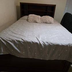 Full Size - Bookcase Captains Bed with Built-in Storage Shelf Headboard and 4 Drawers