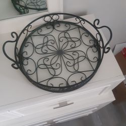 Wrought IRON TRAY  WITH GLASS VASE ( 2 PIECES)