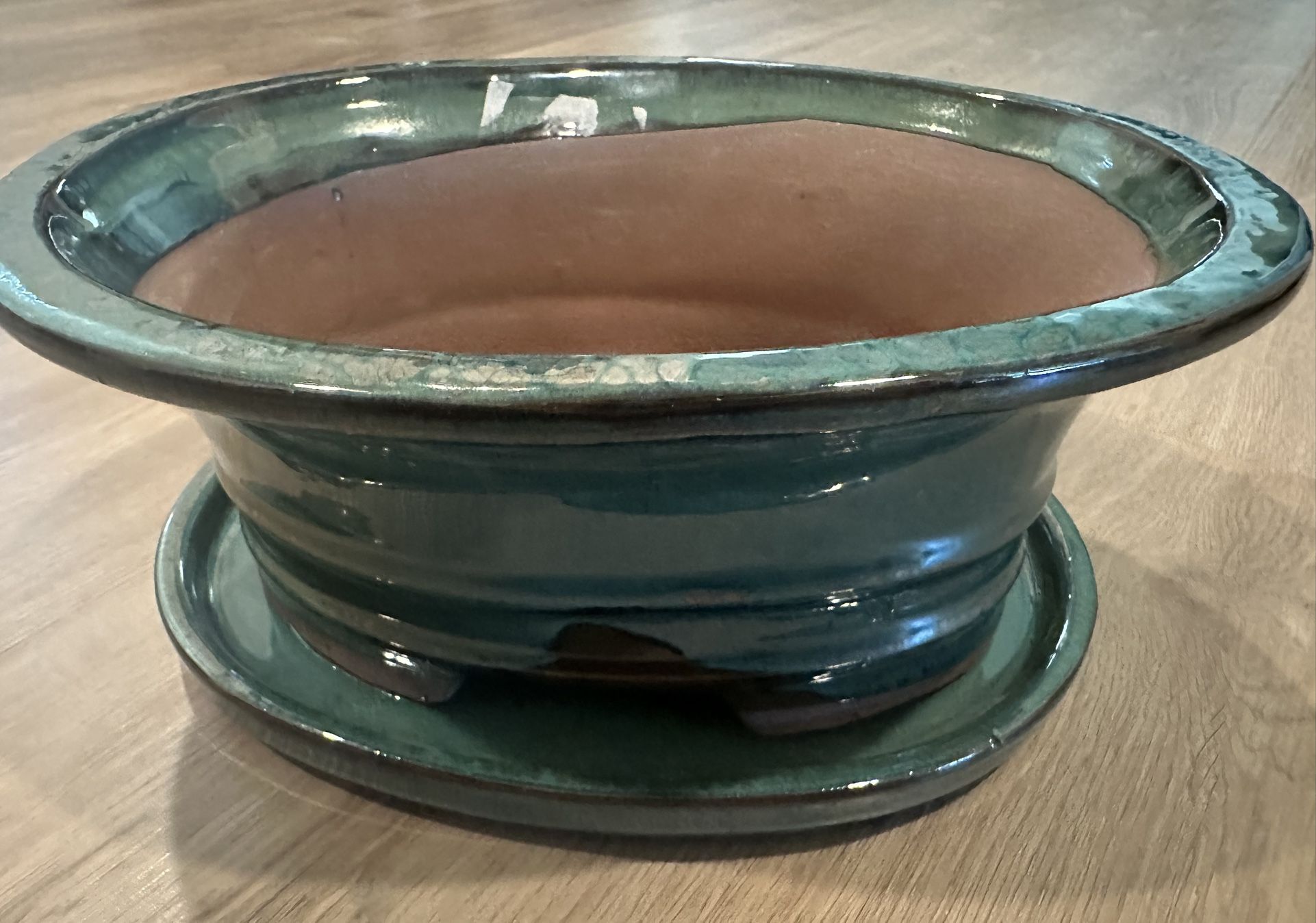 Oval Bansai Ceramic Pot Teal with Saucer 10”