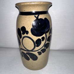 New Geneva Stoneware 7" vase with dark blue floral design Signed Marked