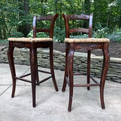 Farmhouse French Vtg High Back Barstools Rustic Shabby Chic Wood Whicker 