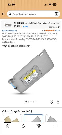 Sun visor driver side Honda Accord 2008-2017 gray color