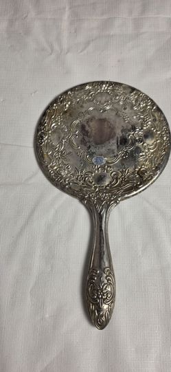 Silver Plated Handheld Vanity Mirror Ornate Floral Decorative Dresser Mirror 10"