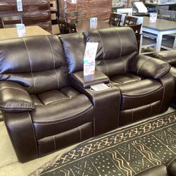 Sale New Sofa Love And Chair Leather With Recliners Brown Color 