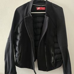 Nike Tech Fleece Aeroloft Down Short Moto Jacket in black. 