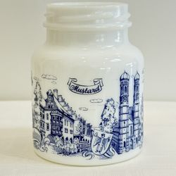 Vintage German Milk Glass Hengstenberg Senf/Mustard Jar Blue/White Munchen