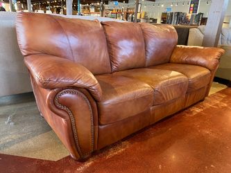 Brown 3-Chusion Sofa With Rolled Arms and Nailhead Trim